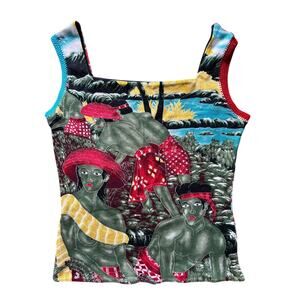 VTG Custo Barcelona Y2K Graphic Tank Top Crochet Trim Island Pop Art Size M